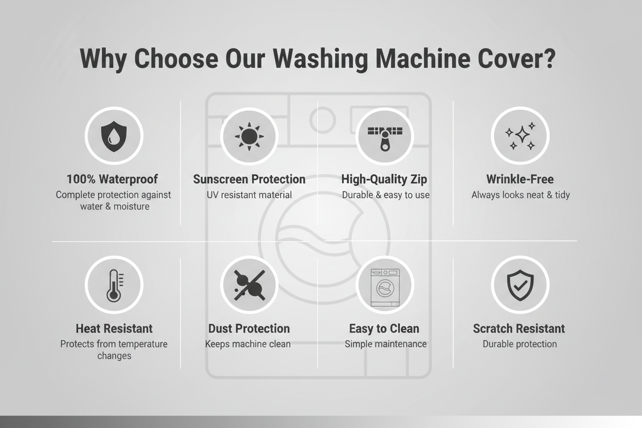 Washing machine cover key features infographic - 8 benefits