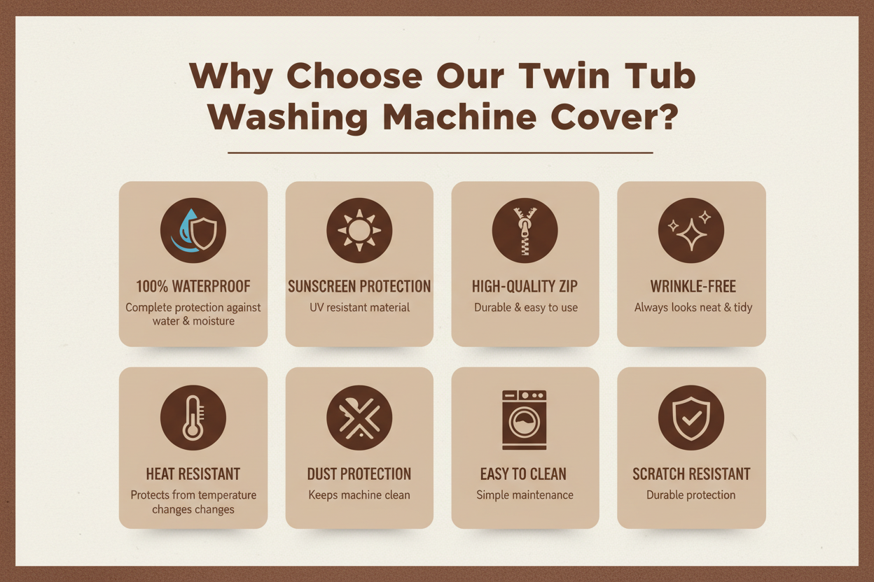 Twin tub washing machine cover key features infographic - 8 benefits
