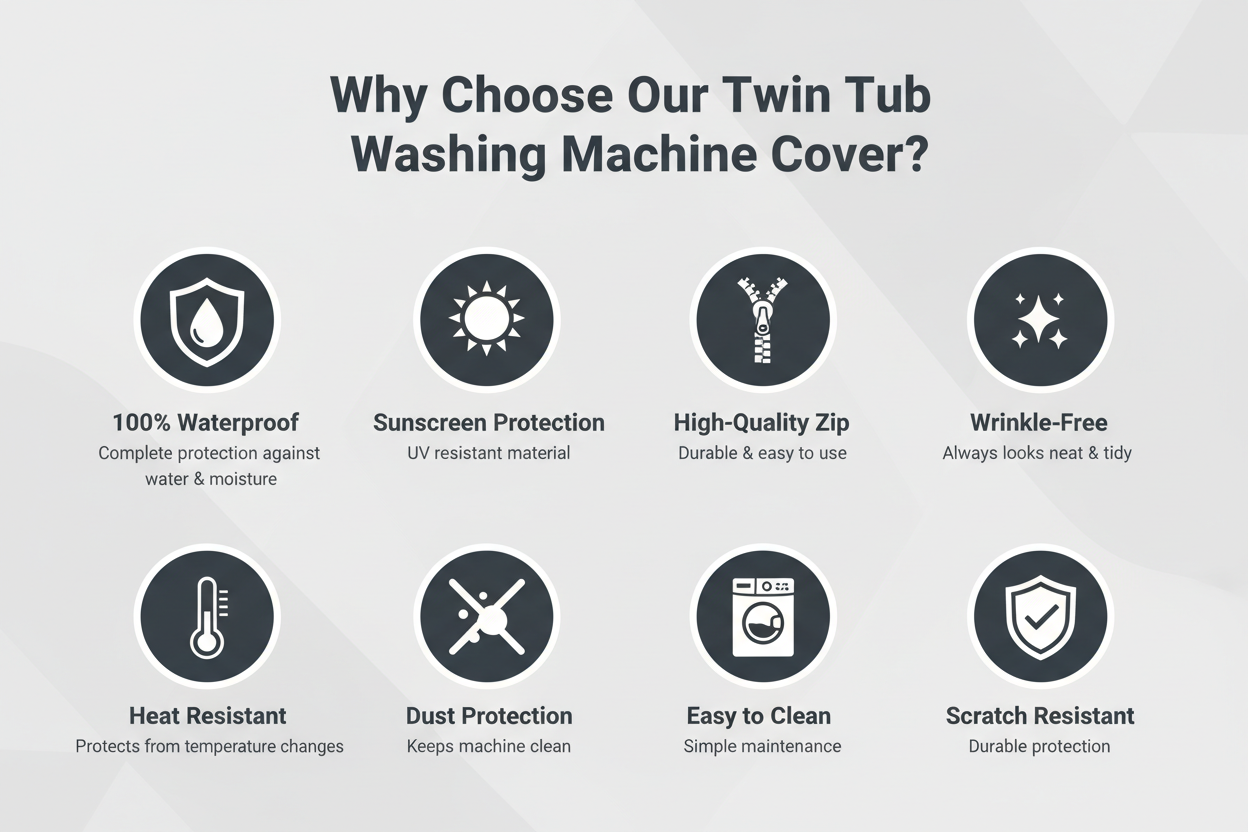 Twin tub washing machine cover key features infographic - 8 benefits
