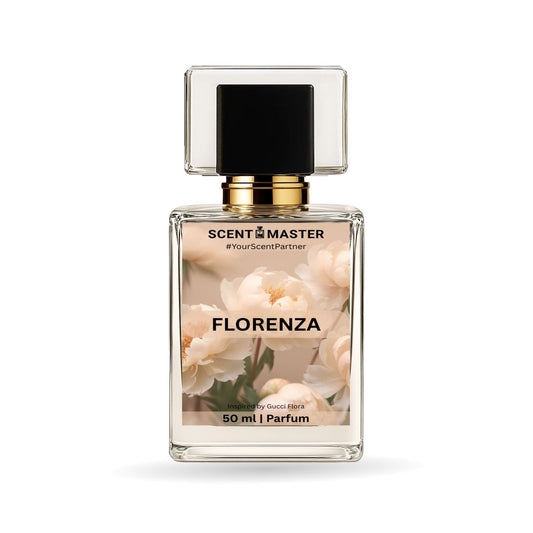 Perfume bottle labeled 'Florenza' by Scent Master on a white background