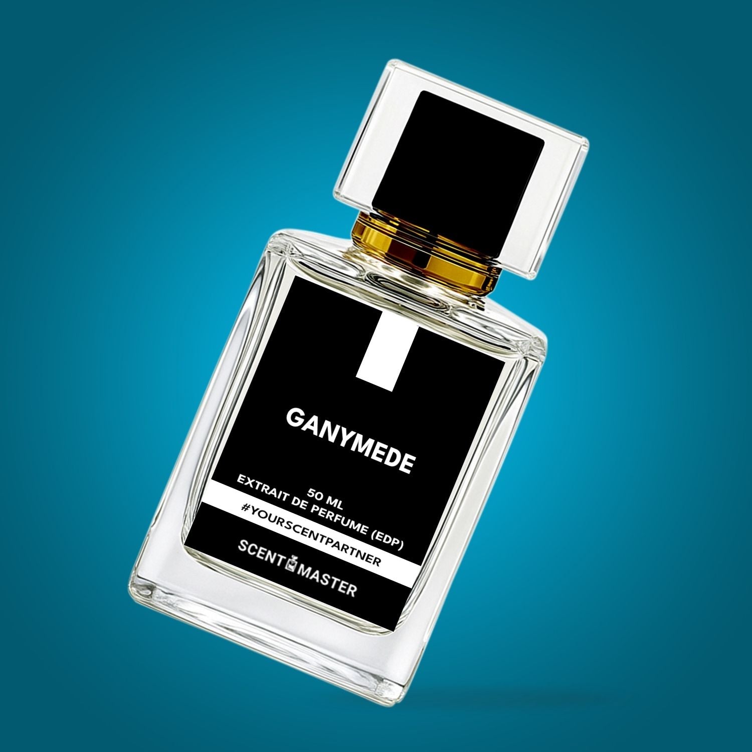 Perfume bottle labeled 'Ganymede' on a blue gradient background