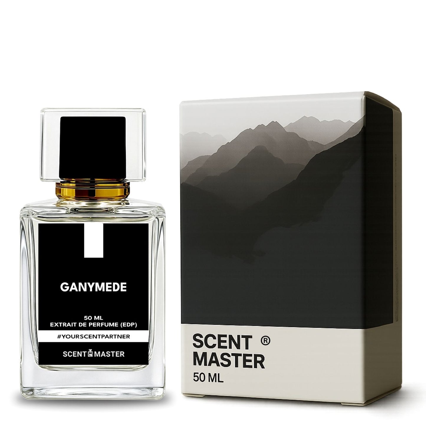 Ganymede perfume bottle and packaging with 'Scent Master' branding on a white background
