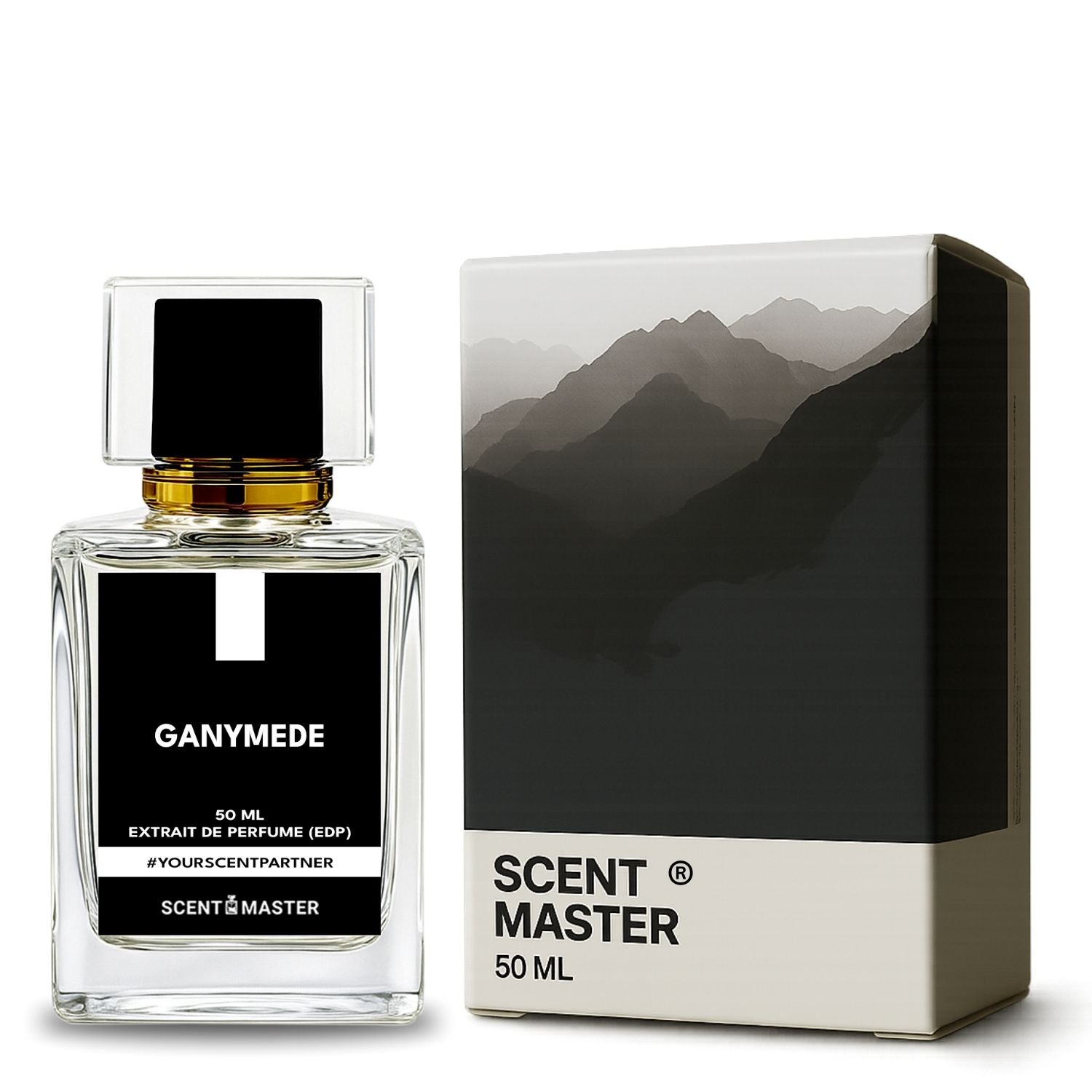 Ganymede perfume bottle and packaging with 'Scent Master' branding on a white background