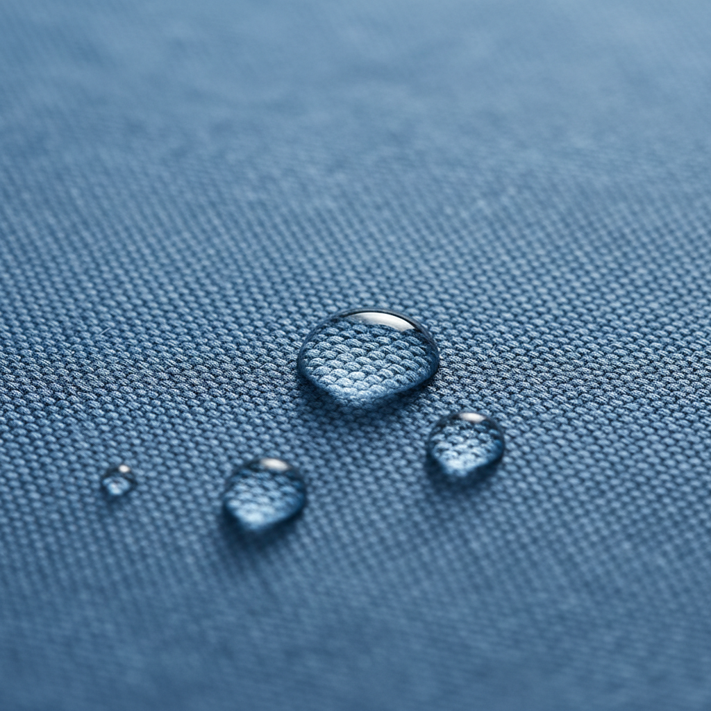 Waterproof fabric material texture with water droplets showing protection quality