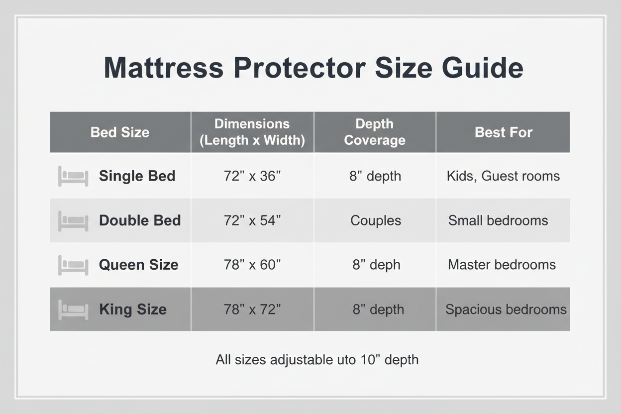 Mattress protector size chart for all bed sizes - grey theme