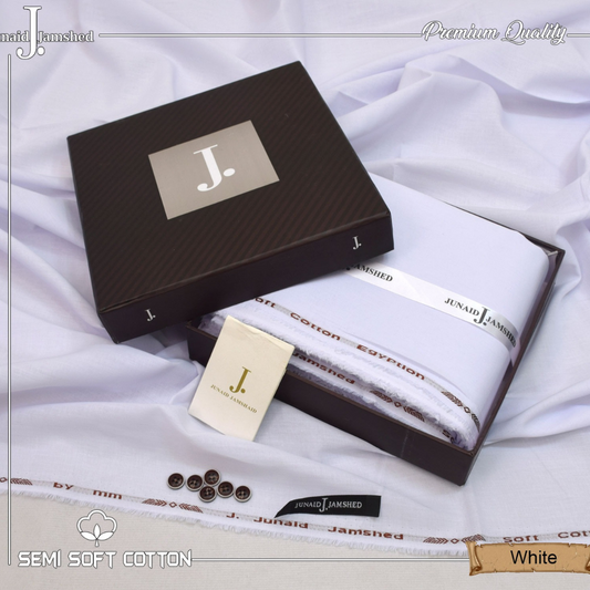 Semi Soft Cotton Box Pack Unstitched Suit for Men - White - JJCB-15