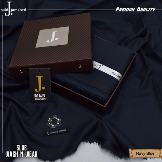 Premium Quality Slub Wash n Wear Unstitched Suit for Men - Navy Blue - JJSB-04