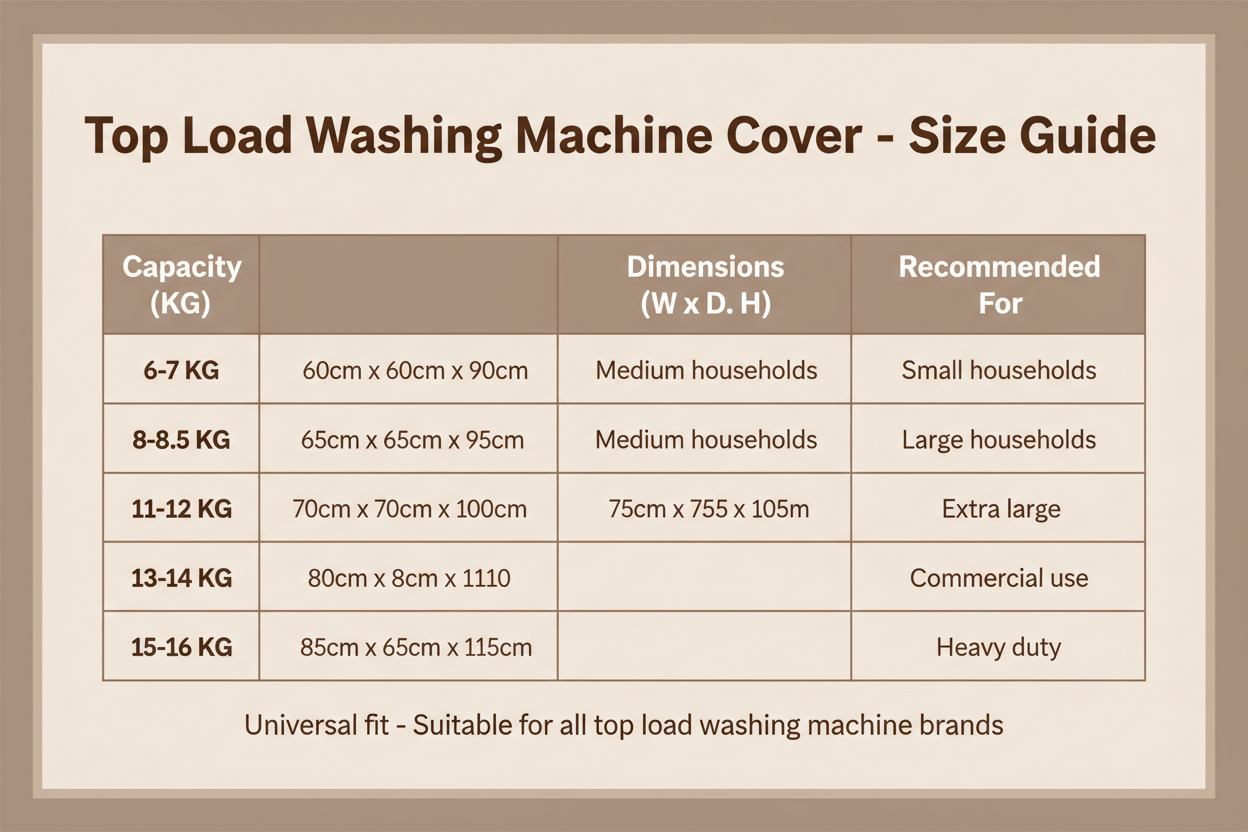 Top load washing machine cover size guide for all capacities 6-16 KG