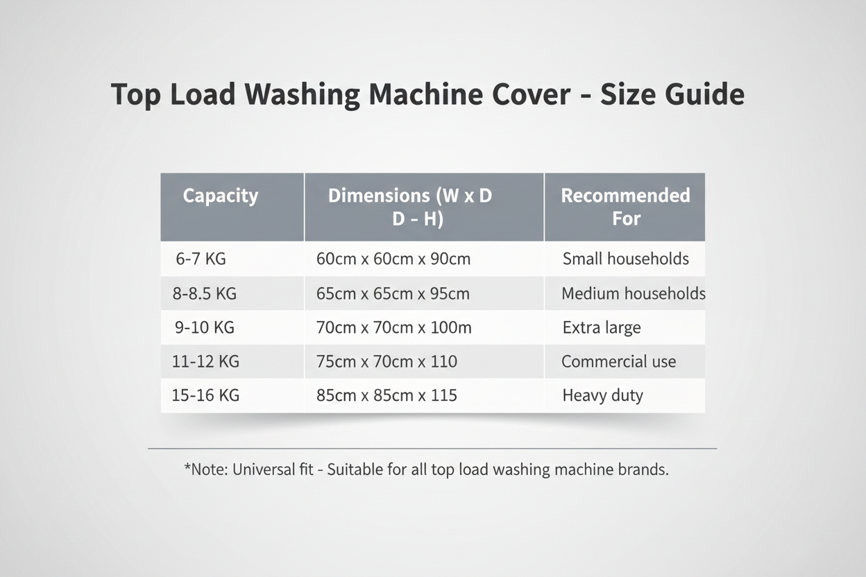 Top load washing machine cover size guide for all capacities 6-16 KG