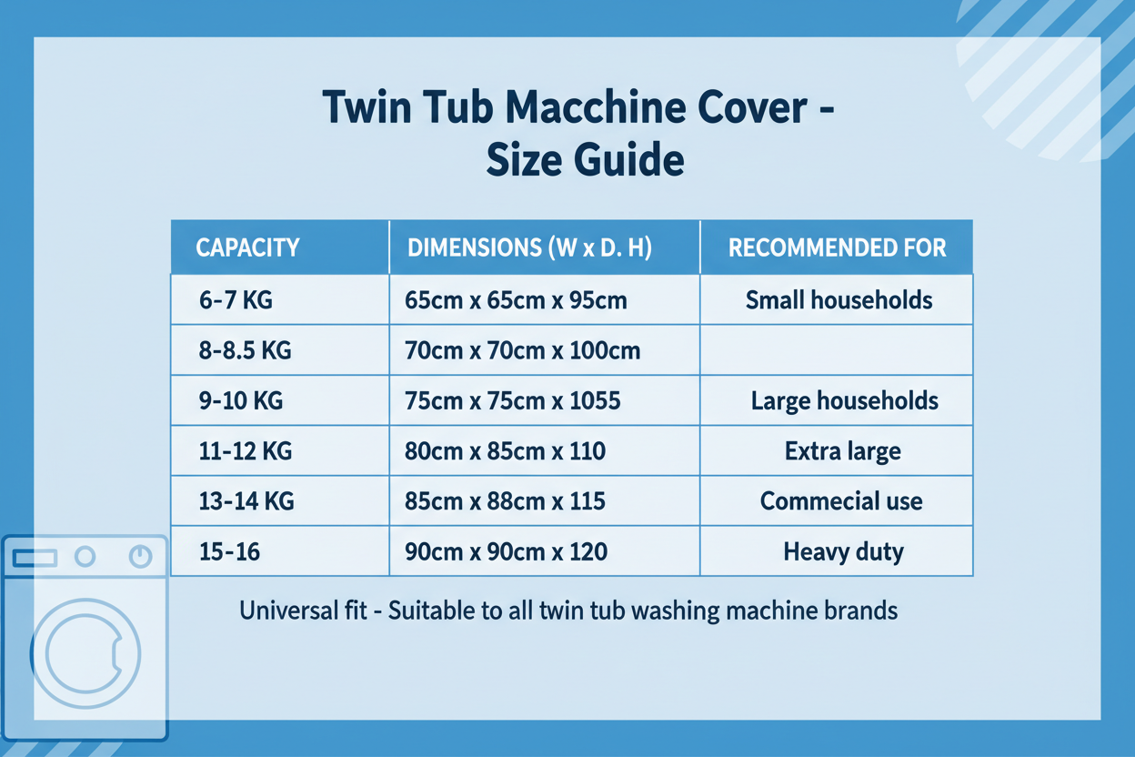 Twin tub washing machine cover size guide for all capacities 6-16 KG