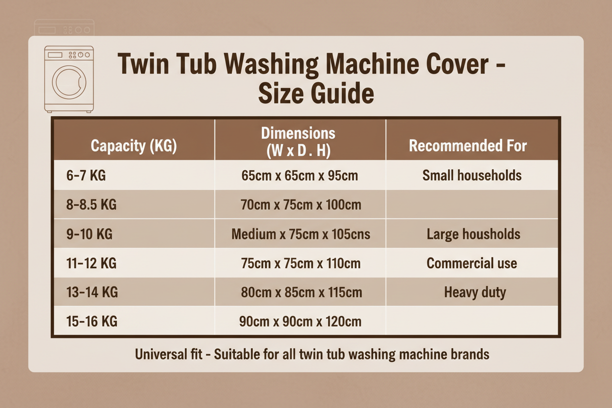 Twin tub washing machine cover size guide for all capacities 6-16 KG