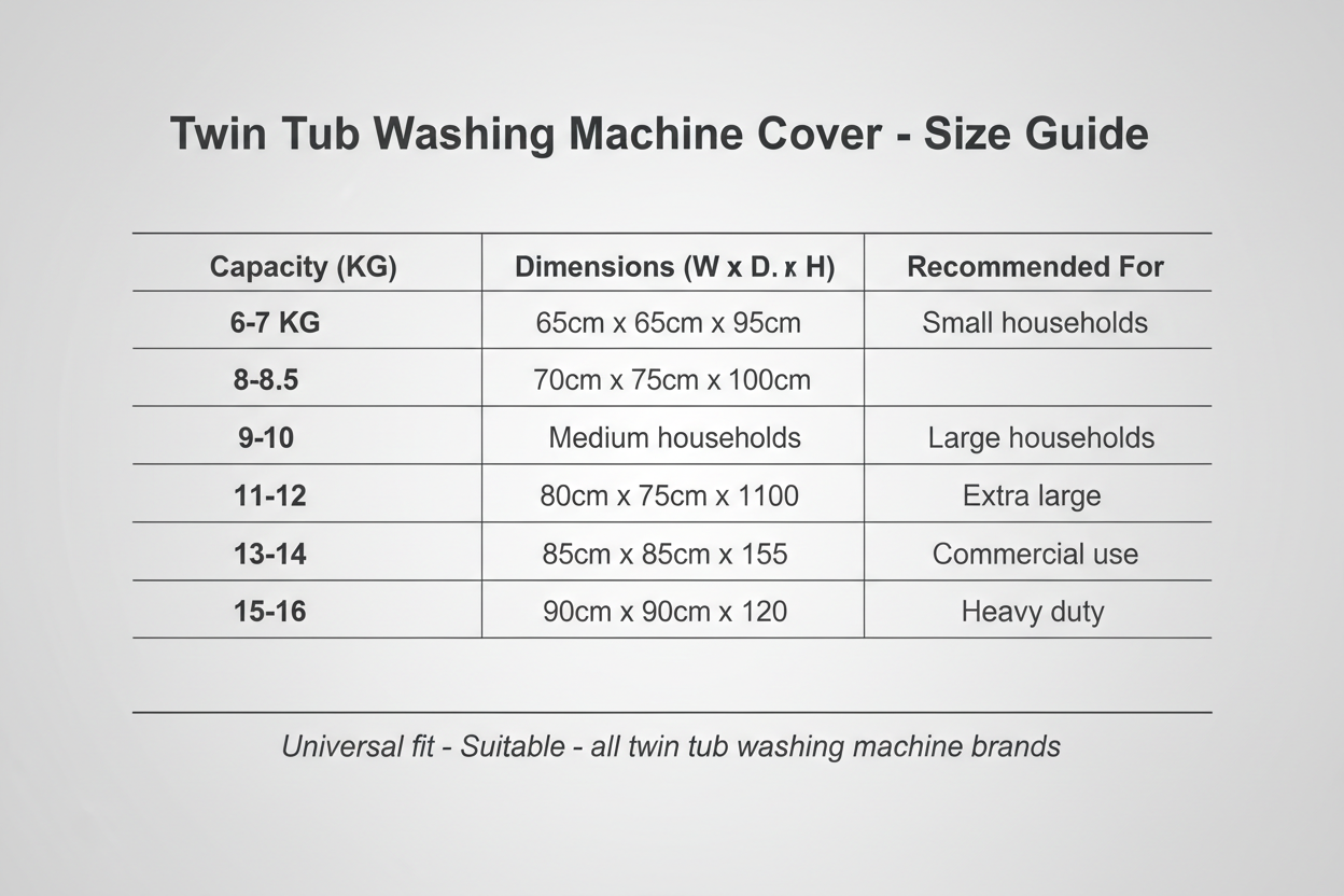 Twin tub washing machine cover size guide for all capacities 6-16 KG
