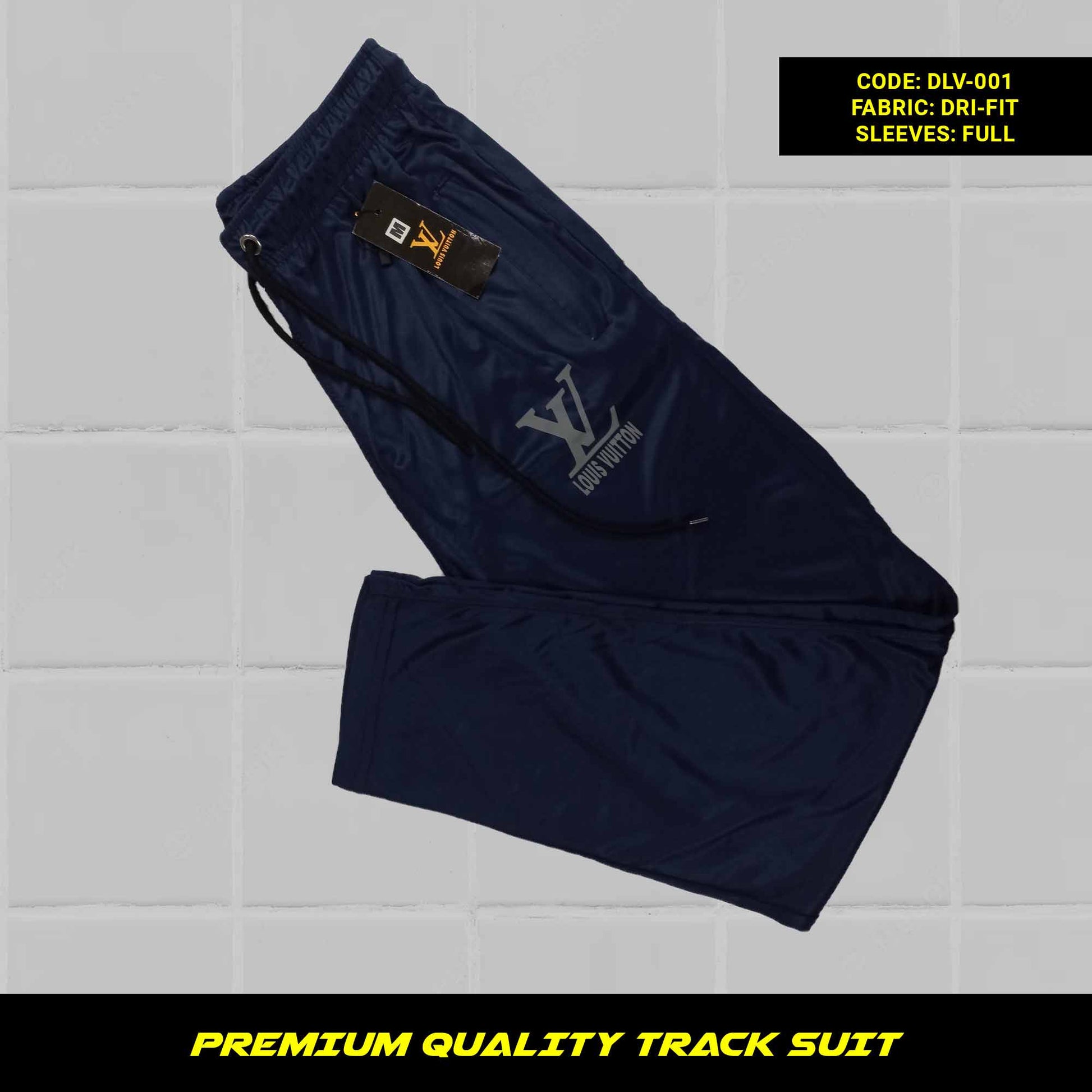 Navy Blue Men's premium dri-fit tracksuit with round neck and half sleeves. Tape to fasten trousers at waist. Loose-fitting. Zipper pockets. Perfect for workouts and casual wear.