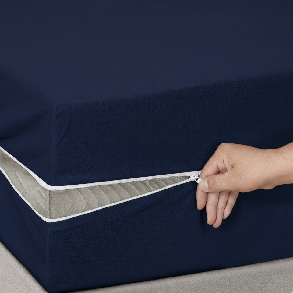 Blue waterproof mattress protector side view showing zipper detail
