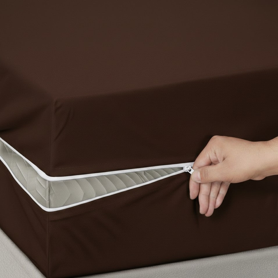 Brown waterproof mattress protector side view showing zipper detail