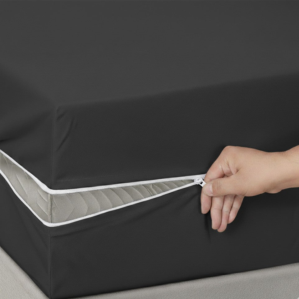Grey waterproof mattress protector side view showing zipper detail