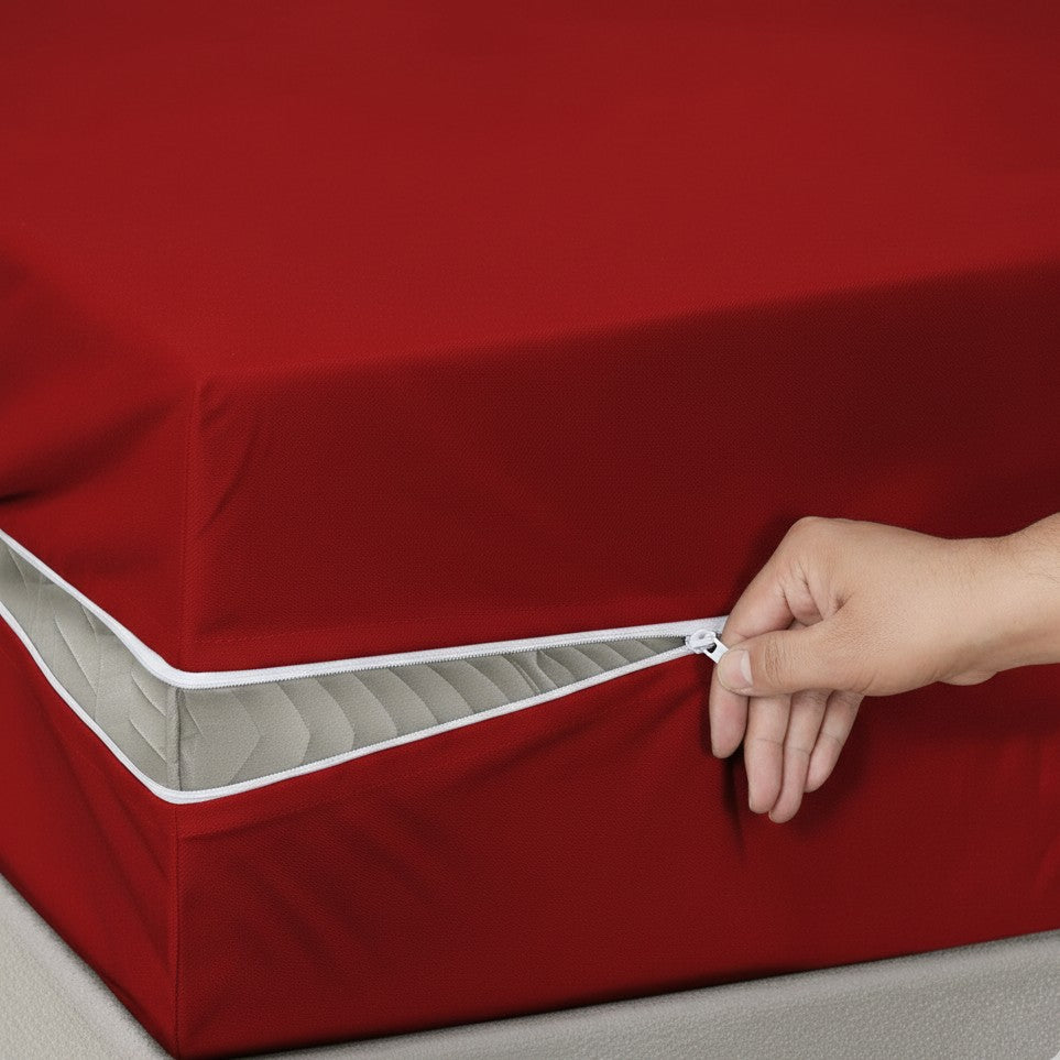 Maroon waterproof mattress protector side view showing zipper detail