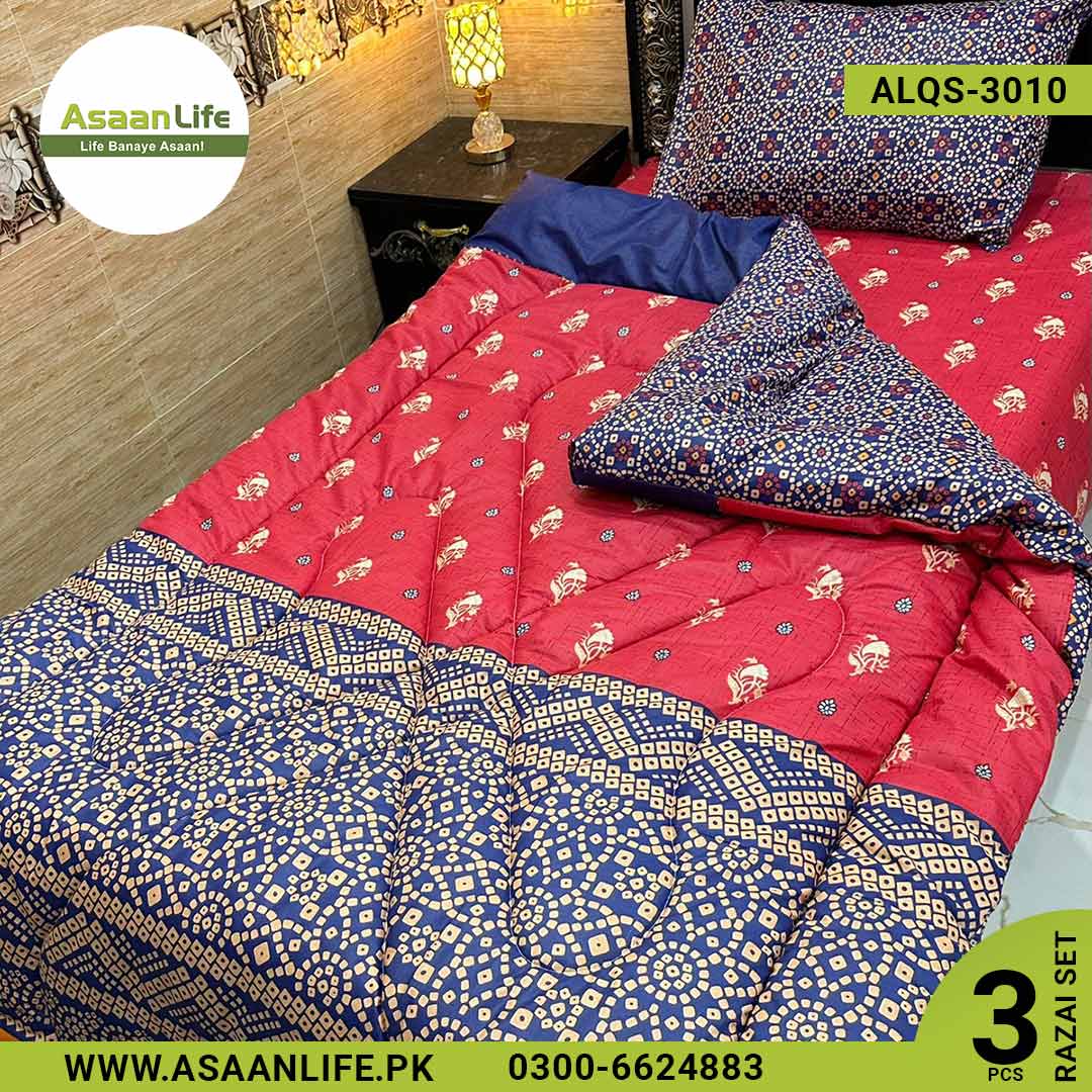 Asaan Life | 3 Pcs Cotton Vicky Razai Set | Single Bed | Charpai | ALQS-3010