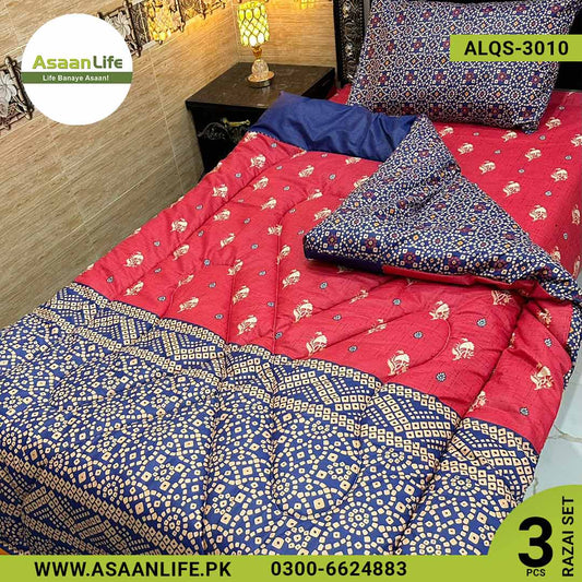 Asaan Life | 3 Pcs Cotton Vicky Razai Set | Single Bed | Charpai | ALQS-3010