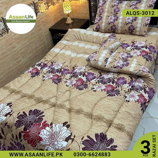 Asaan Life | 3 Pcs Cotton Vicky Razai Set | Single Bed | Charpai | ALQS-3012