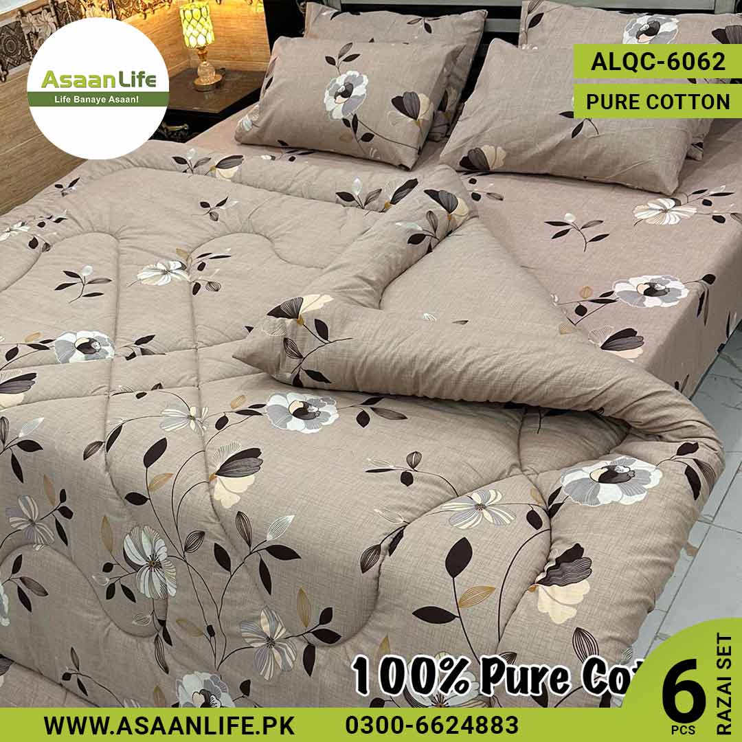 Asaan Life | 6 Pcs Pure Cotton Vicky Razai Set | Double Bed | King Size | ALQC-6062