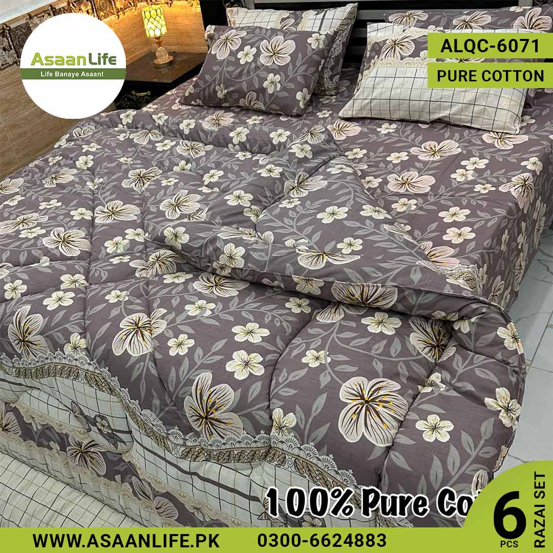 Asaan Life | 6 Pcs Pure Cotton Vicky Razai Set | Double Bed | King Size | ALQC-6071