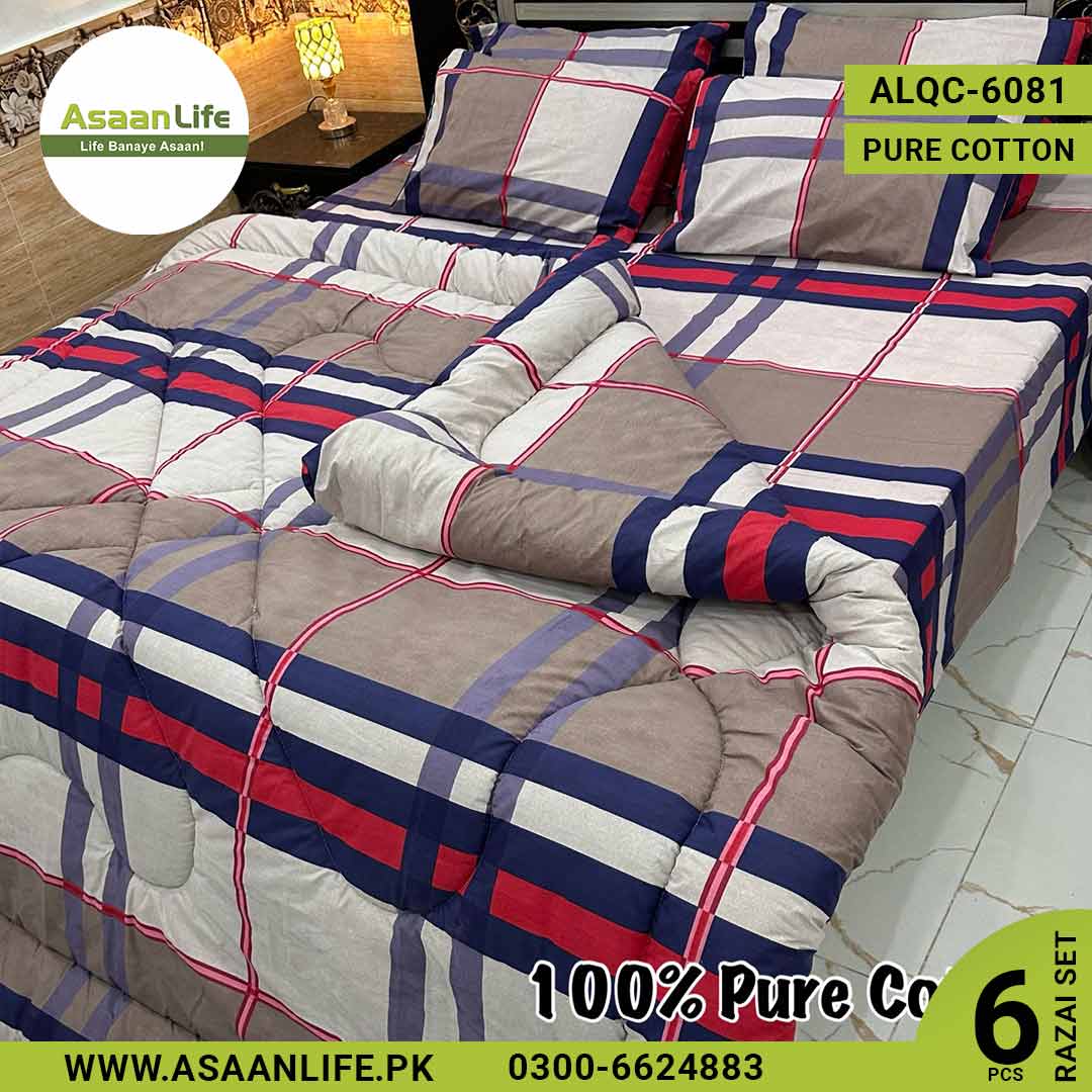 Asaan Life | 6 Pcs Pure Cotton Vicky Razai Set | Double Bed | King Size | ALQC-6081