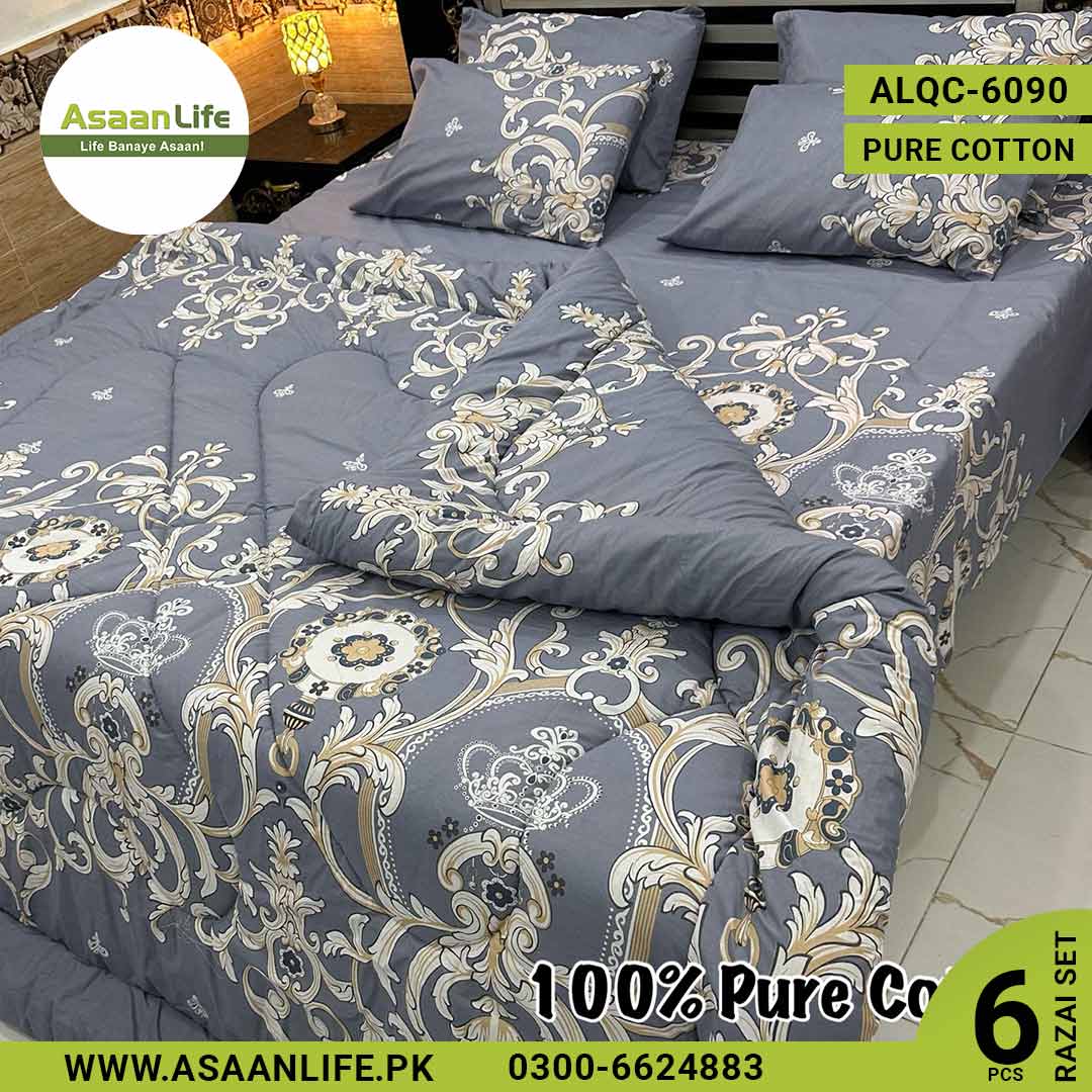 Asaan Life | 6 Pcs Pure Cotton Vicky Razai Set | Double Bed | King Size | ALQC-6090