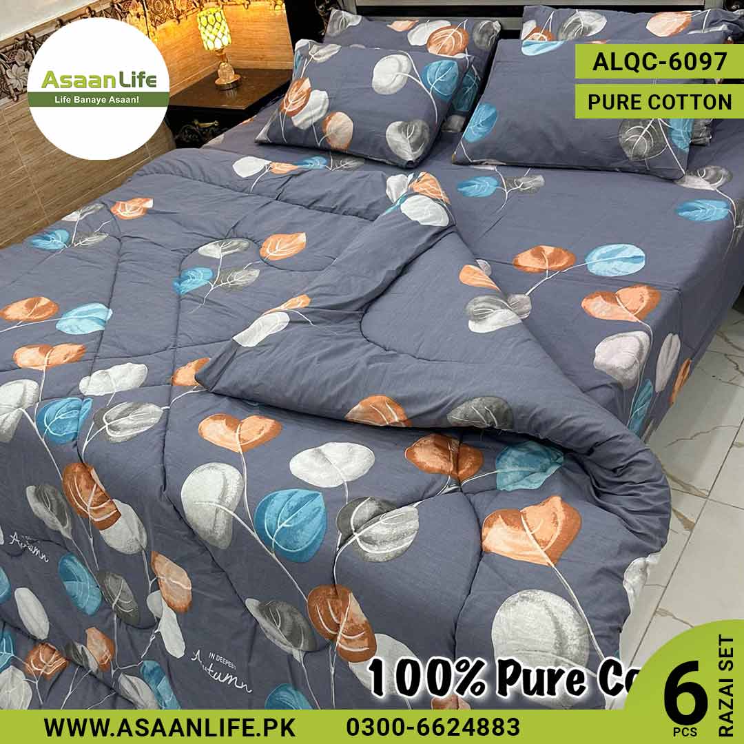 Asaan Life | 6 Pcs Pure Cotton Vicky Razai Set | Double Bed | King Size | ALQC-6097