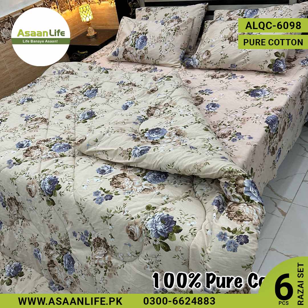 Asaan Life | 6 Pcs Pure Cotton Vicky Razai Set | Double Bed | King Size | ALQC-6098