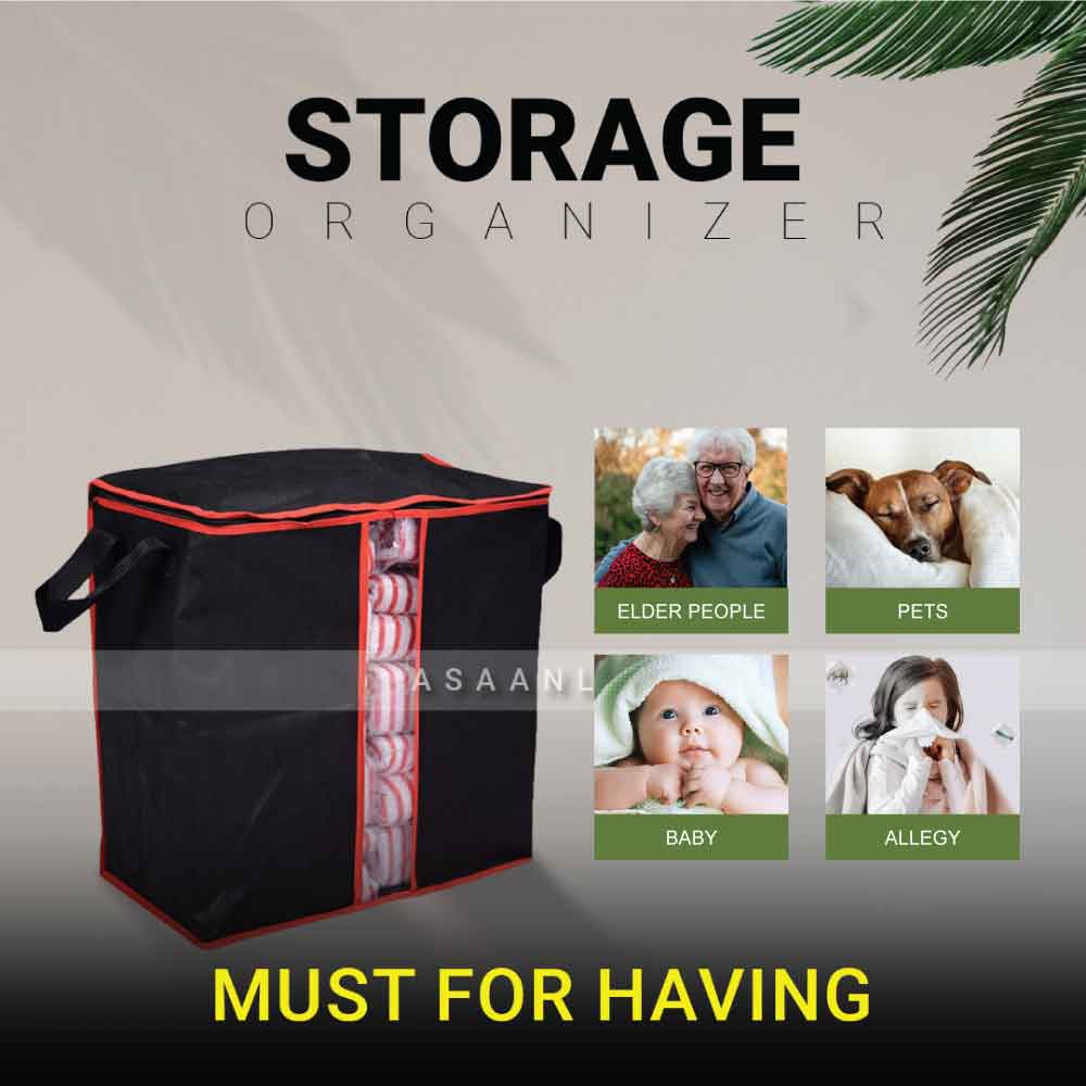Extra Large Capacity Storage Organizer Bag in Black color made by 100GSM oxford non-woven material by asaanlife.pk, essential for people having new born baby, infants, child, elderly people, patients, and for pet lovers.