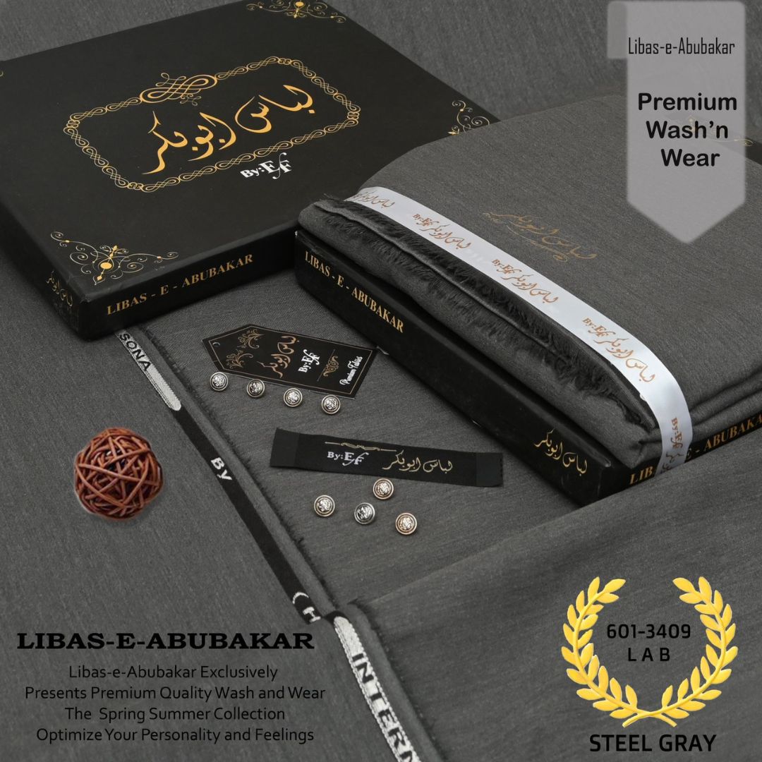 Libas-e-Abubakkar Wash and Wear Unstitched Suit for Men | Steel Gray | LAB-601-3409