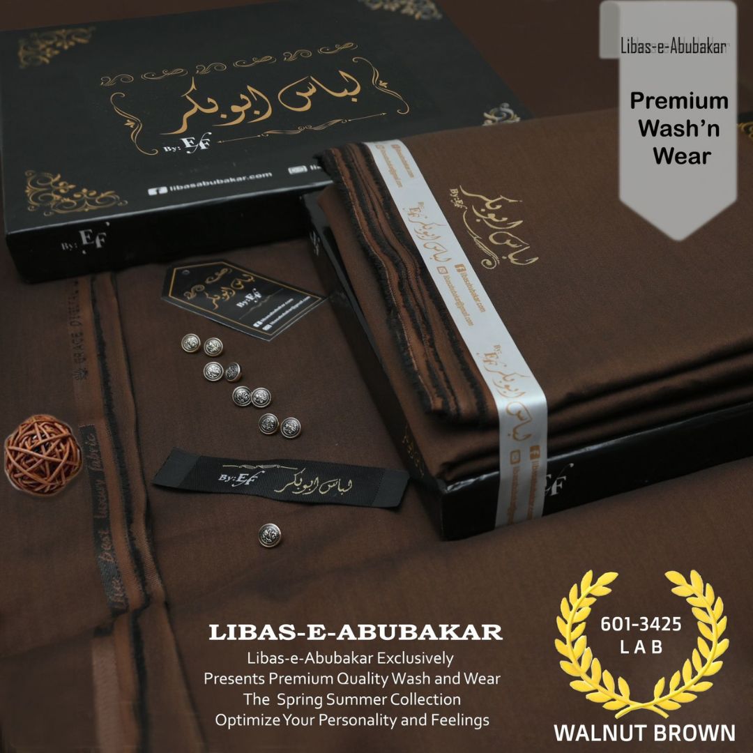 Libas-e-Abubakkar Wash and Wear Unstitched Suit for Men | Walnut Brown | LAB-601-3425