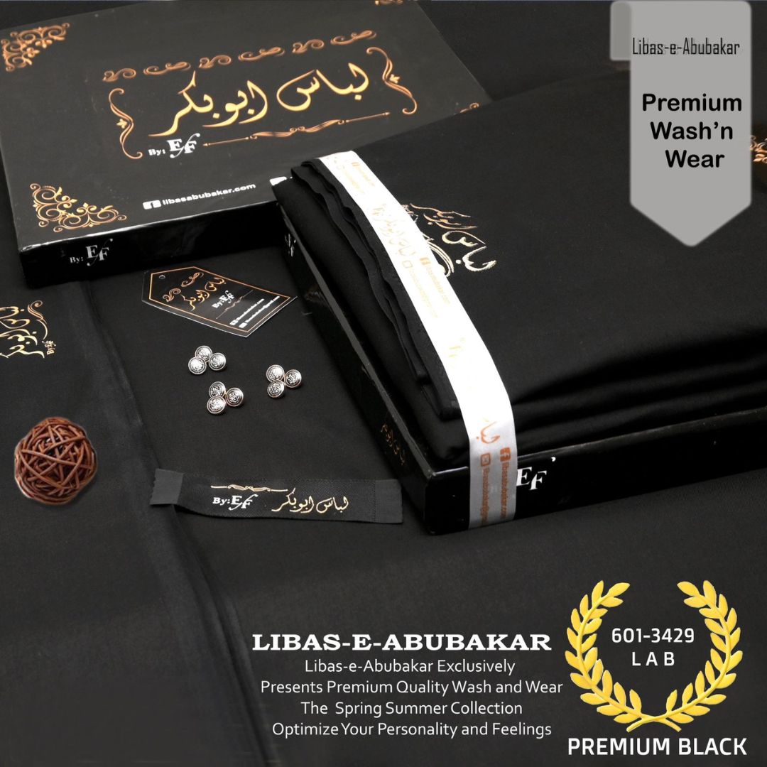 Libas-e-Abubakkar Wash and Wear Unstitched Suit for Men | Premium Black | LAB-601-3429